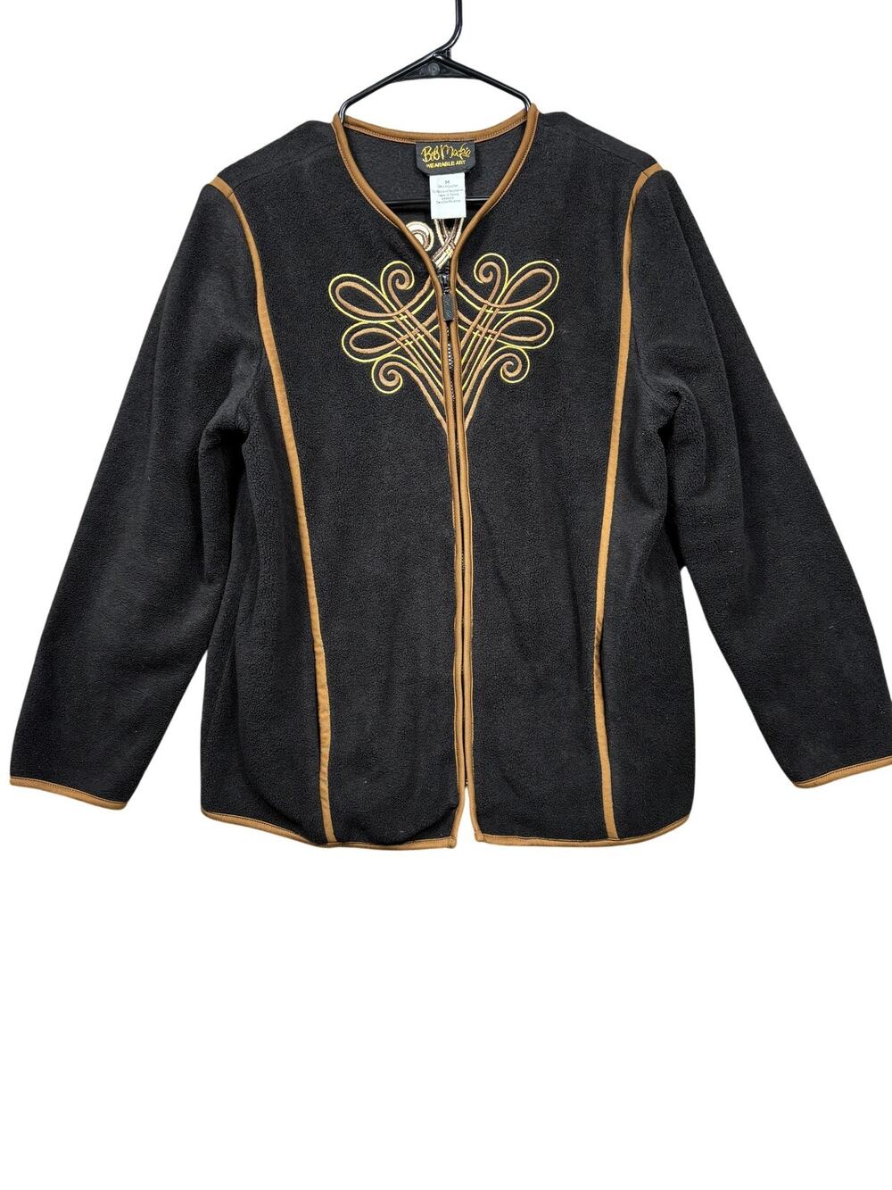 Bob Mackie Wearable Art Cardigan Sweater Womens M Black Fleece Zip Embroidered